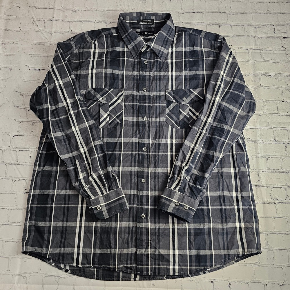 Beverly Hills Polo Club Plaid Long Sleeve Button Up Shirt 2XLB Black Gray White